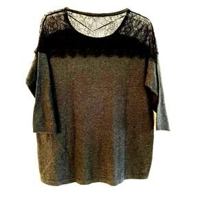 Lauren‎ Conrad Charcoal Gray Lace Inset 3/4 Sleeve Sweater Top Size Small
